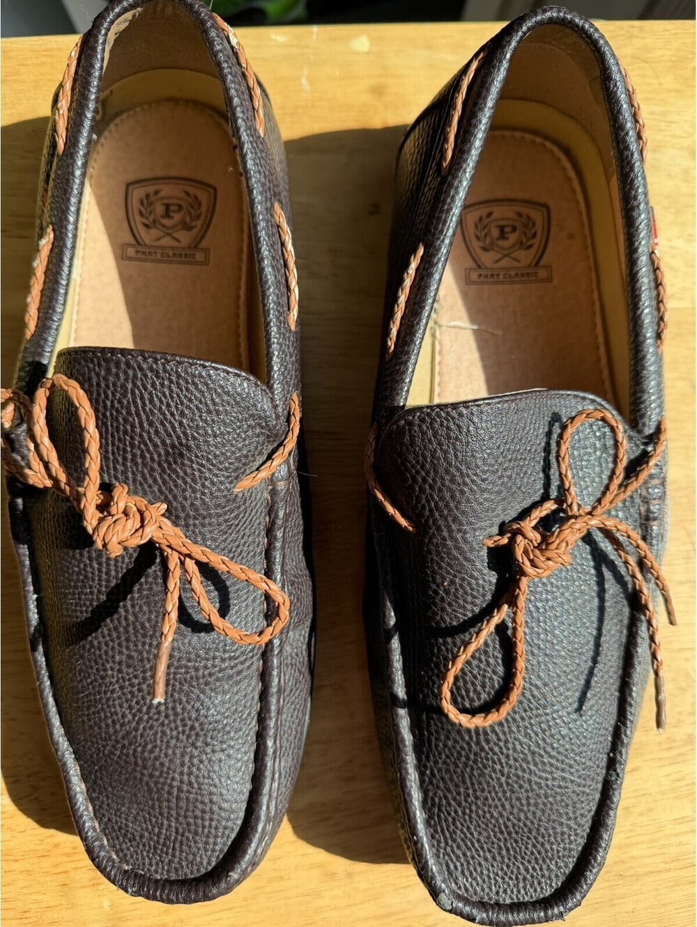 PHAT CLASSIC Men's Driving Loafers Shoes Brown Pebble Leather Slip On Bow Size 9